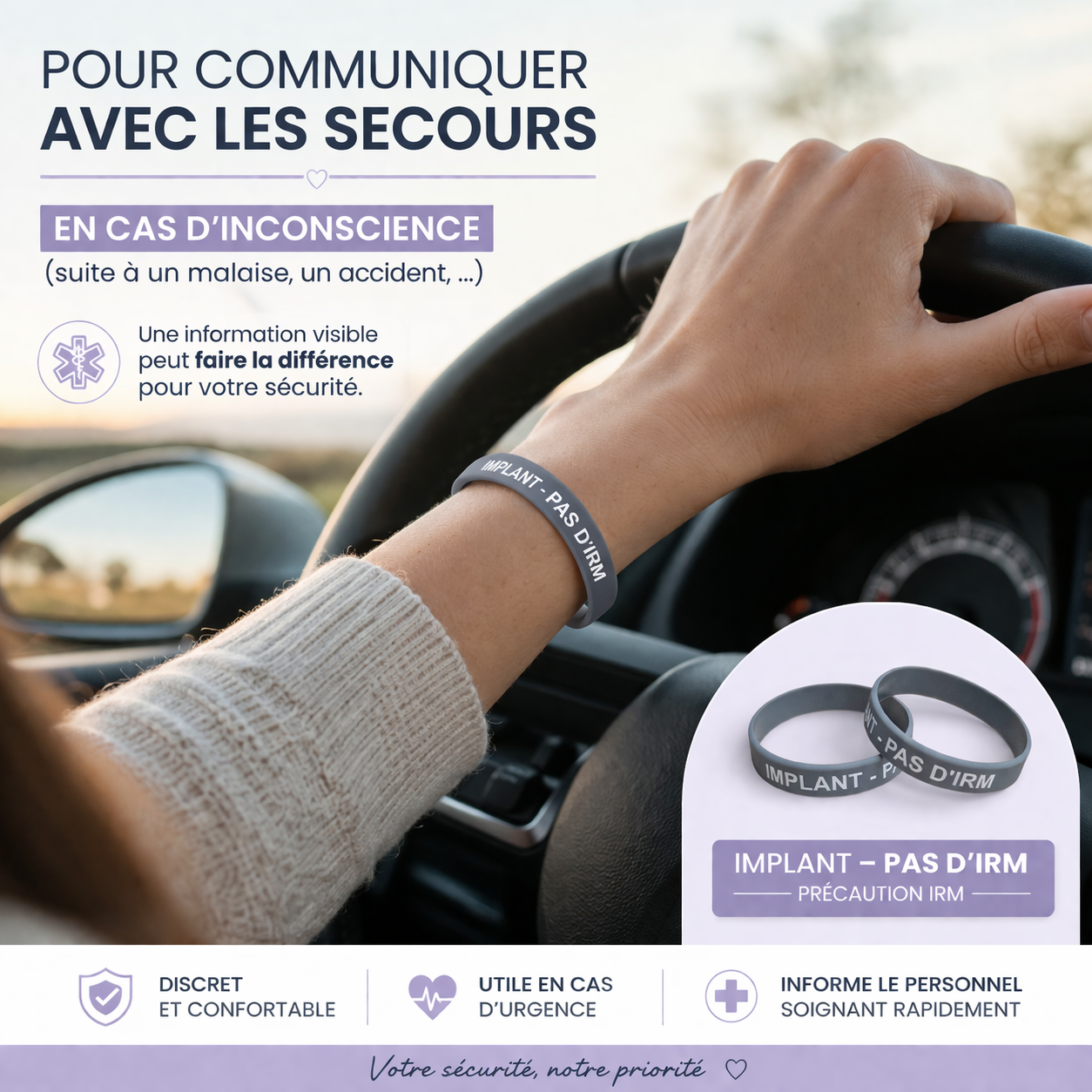 Bracelet d’alerte médicale – Implant. Pas d’IRM.
