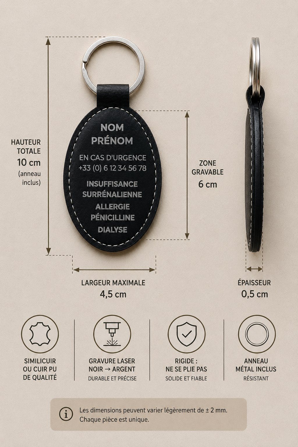Porte clé personnalisé. Informations médicales