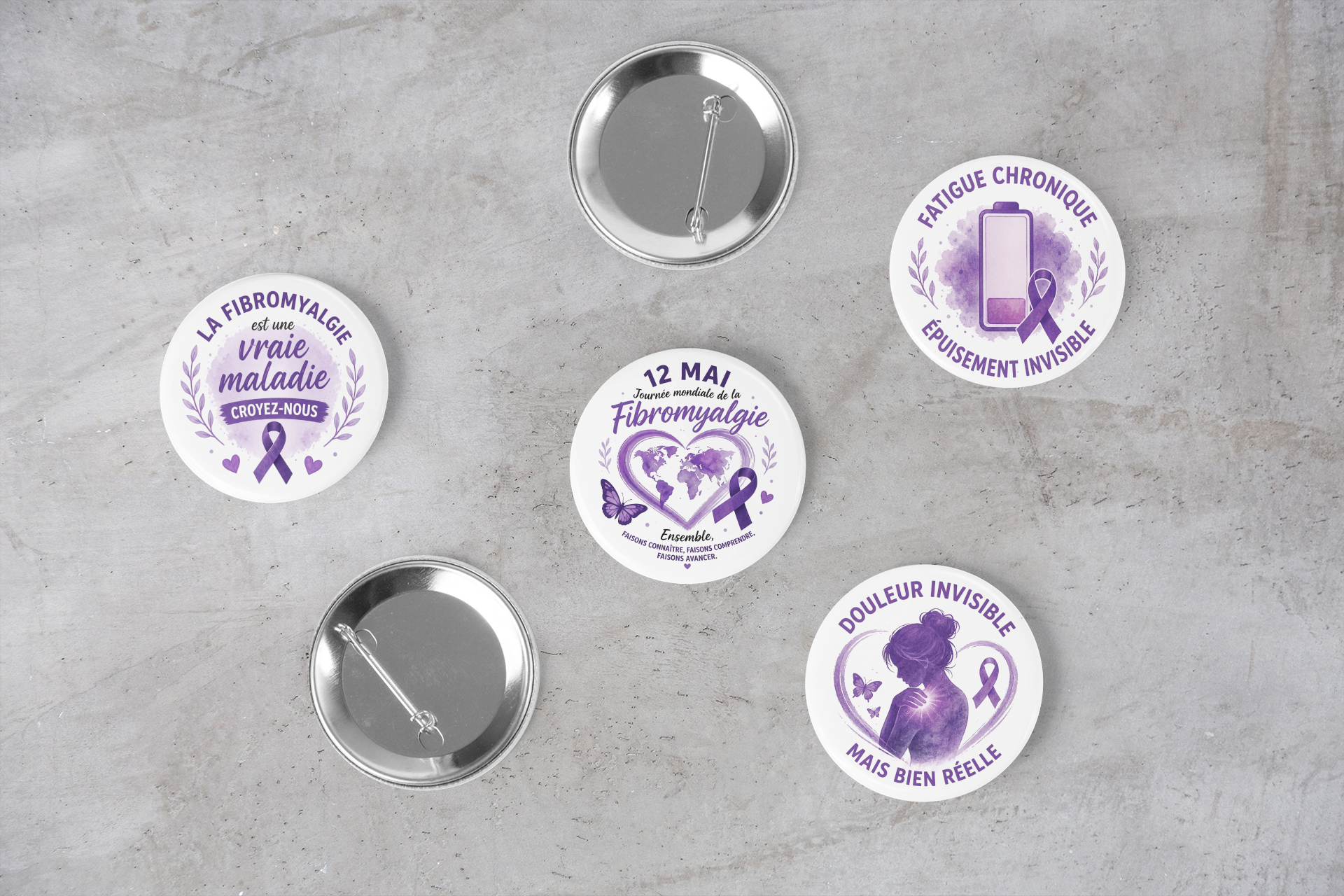 Fibromyalgie. plusieurs badges de soutien