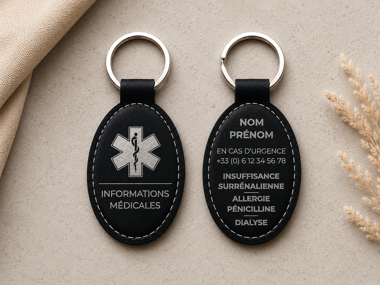 Porte clé personnalisé. Informations médicales