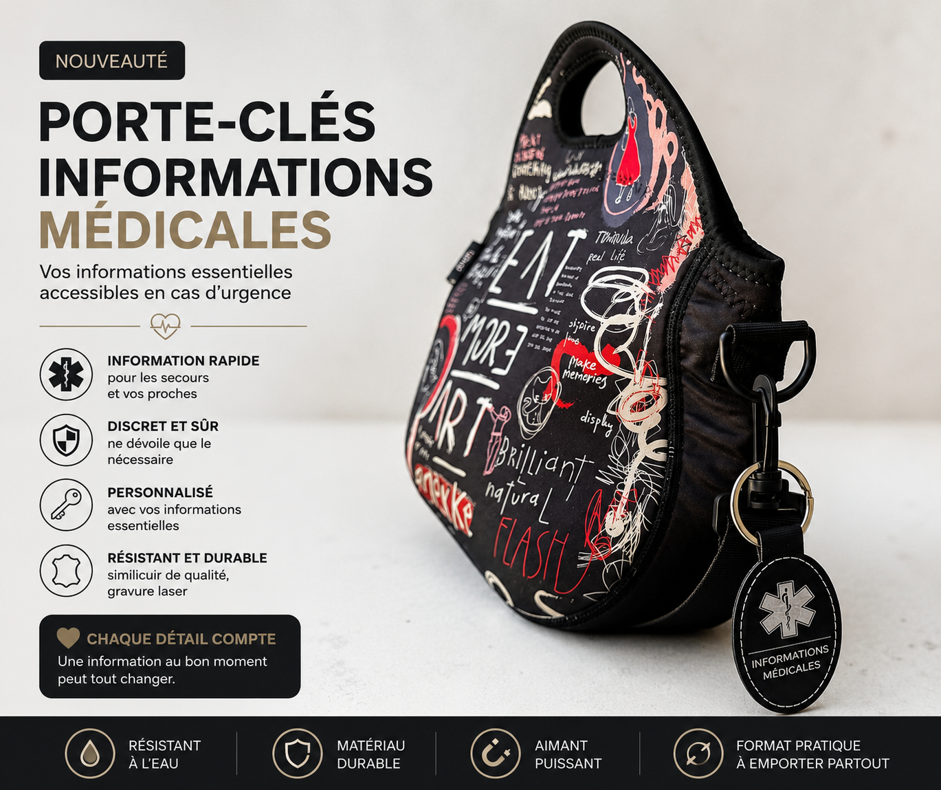 Porte clé personnalisé. Informations médicales