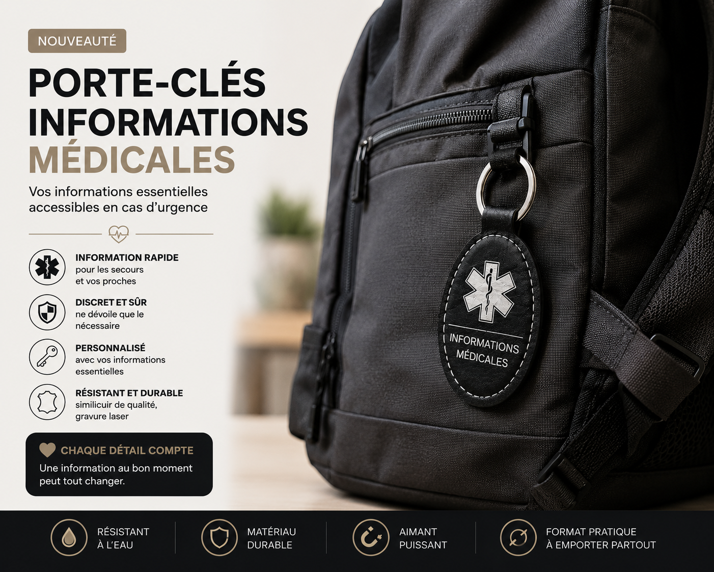 Porte clé personnalisé. Informations médicales