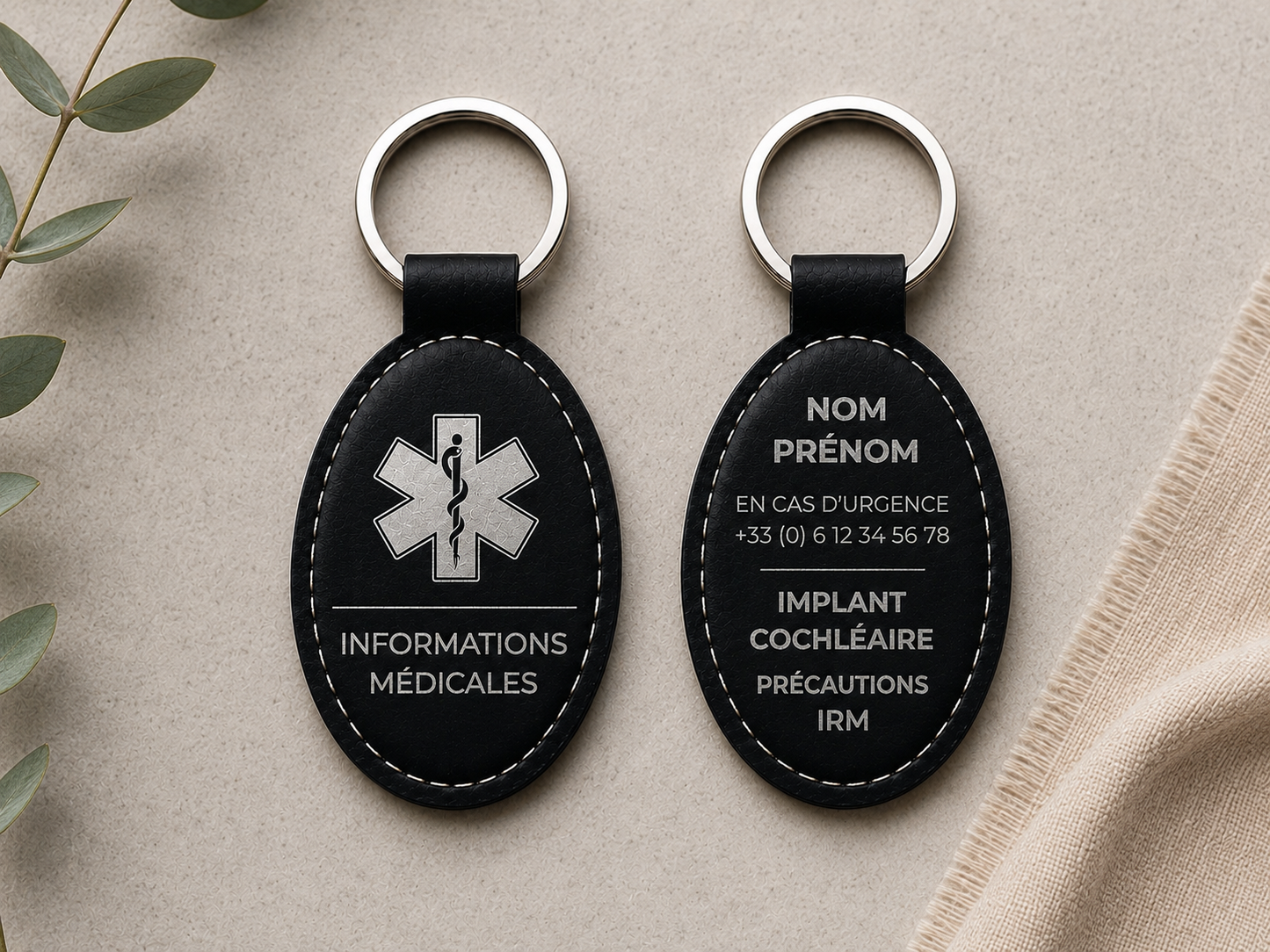Porte clé personnalisé. Informations médicales