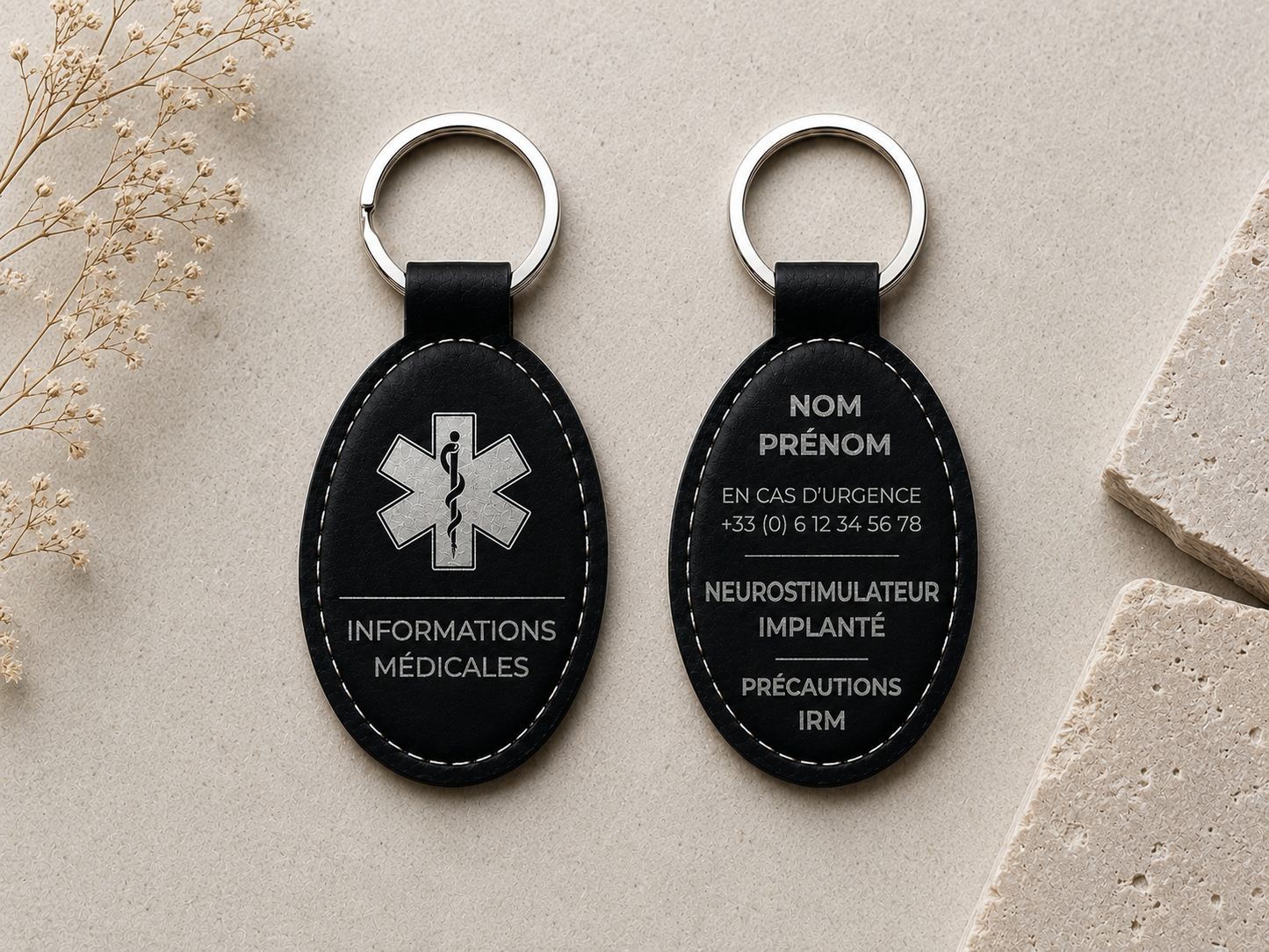 Porte clé personnalisé. Informations médicales