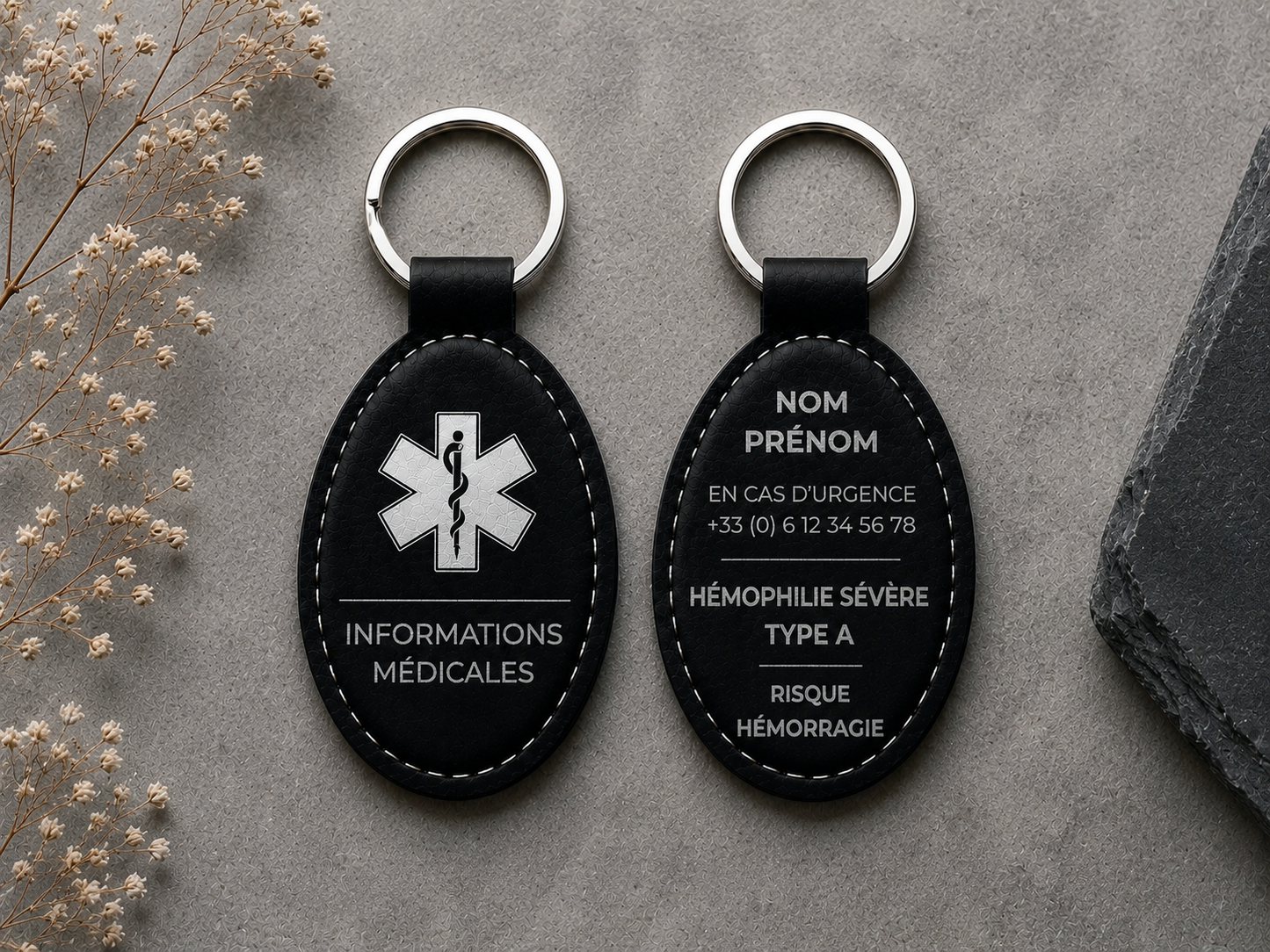 Porte clé personnalisé. Informations médicales