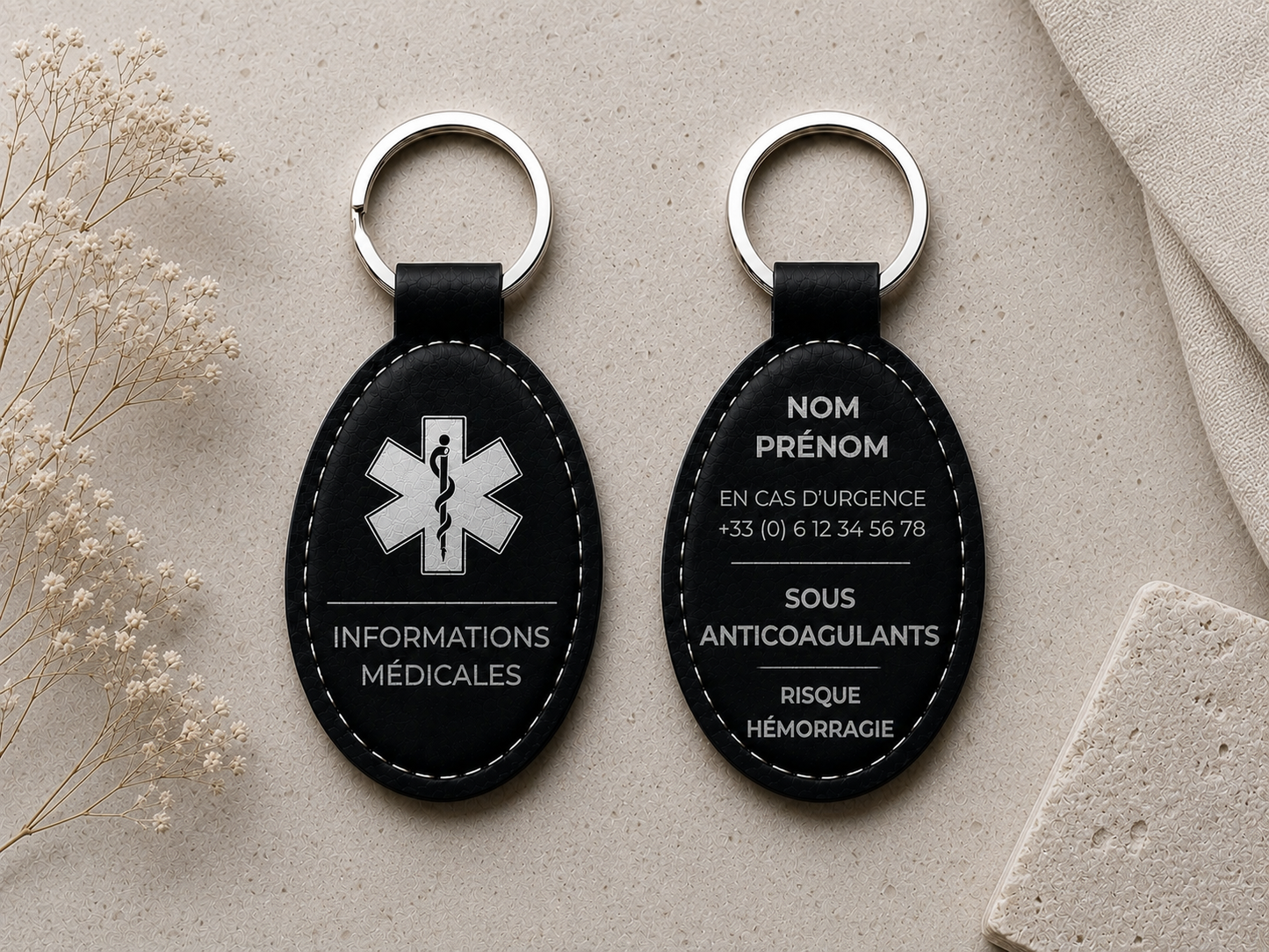 Porte clé personnalisé. Informations médicales