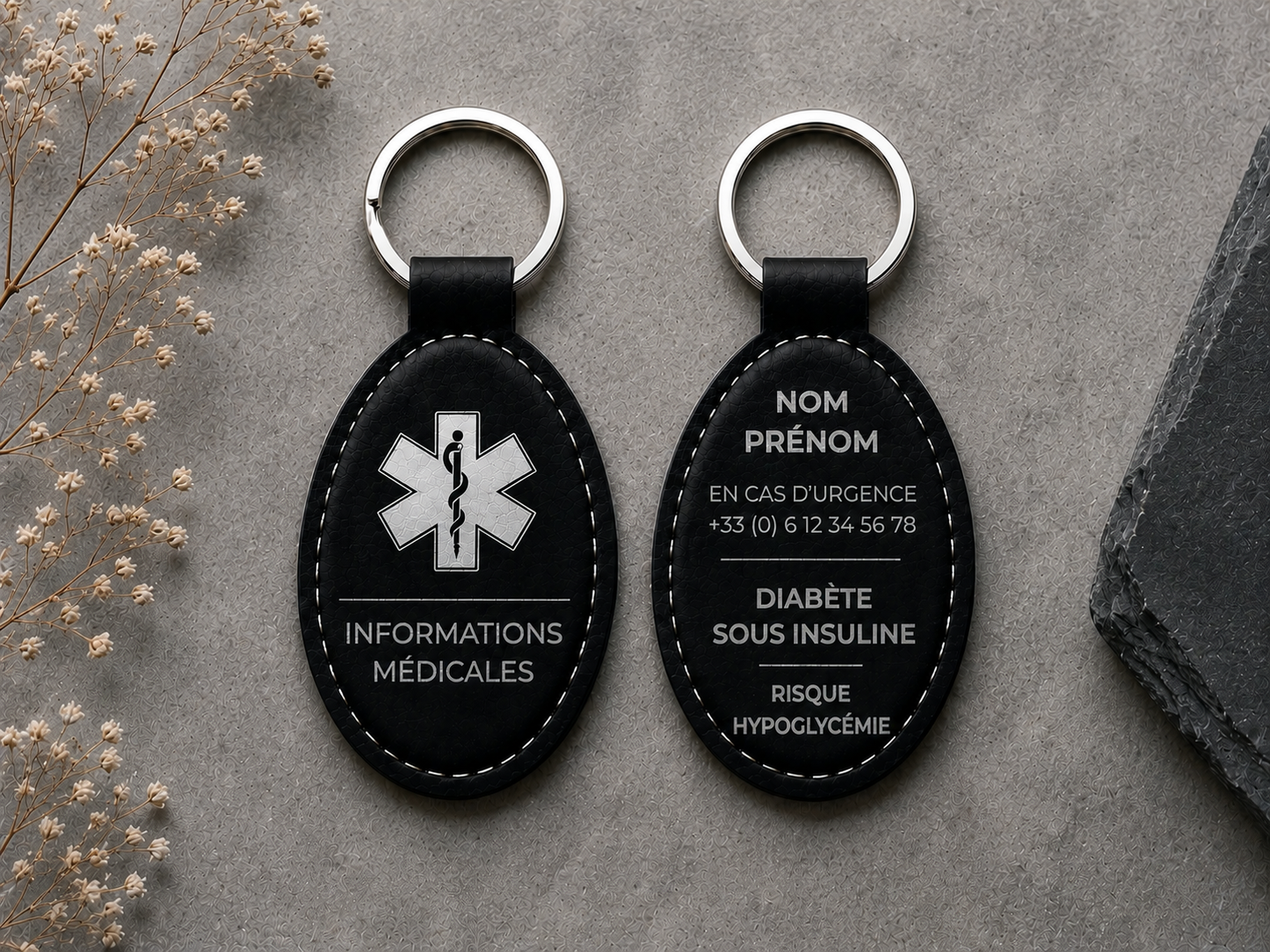Porte clé personnalisé. Informations médicales