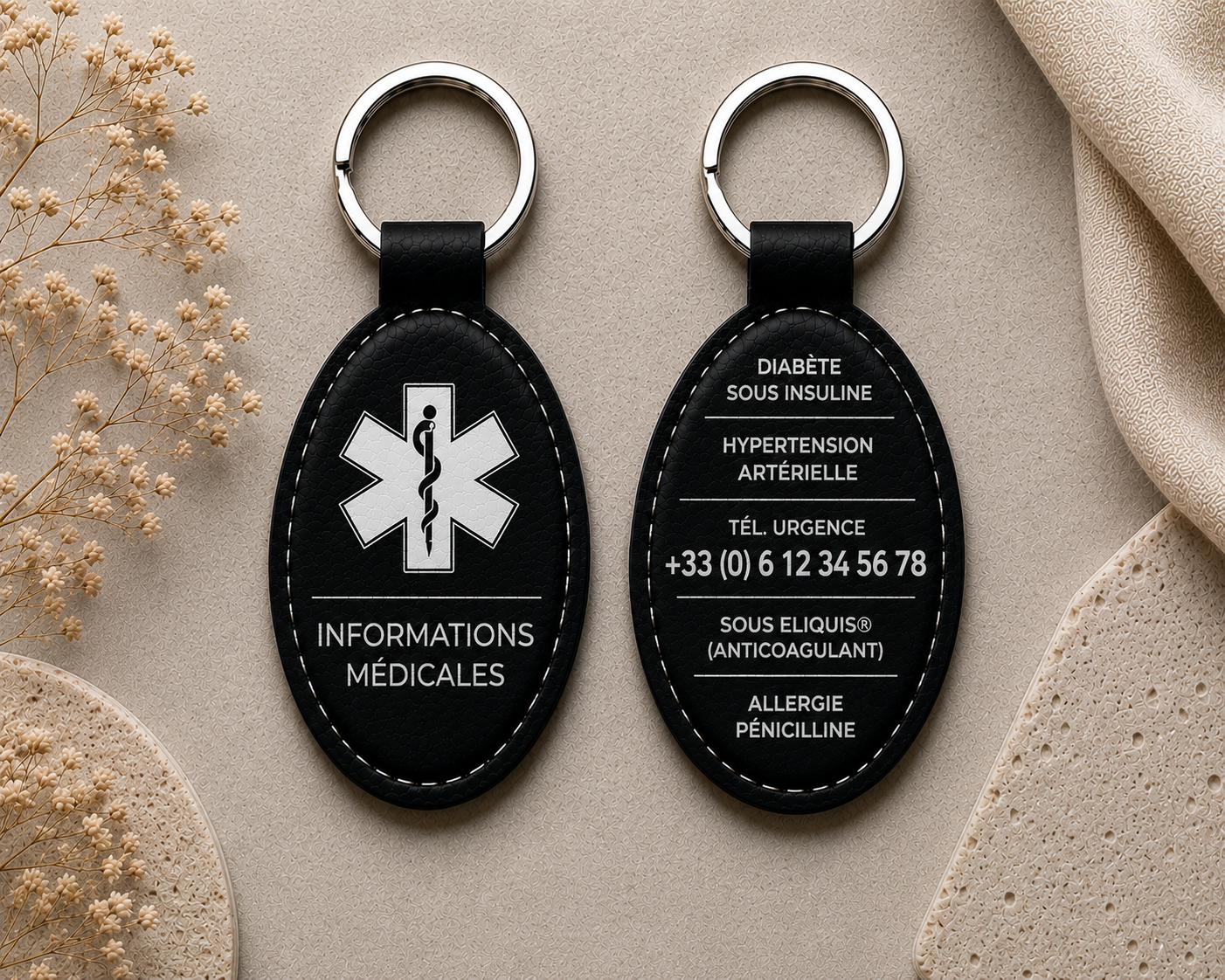Porte clé personnalisé. Informations médicales