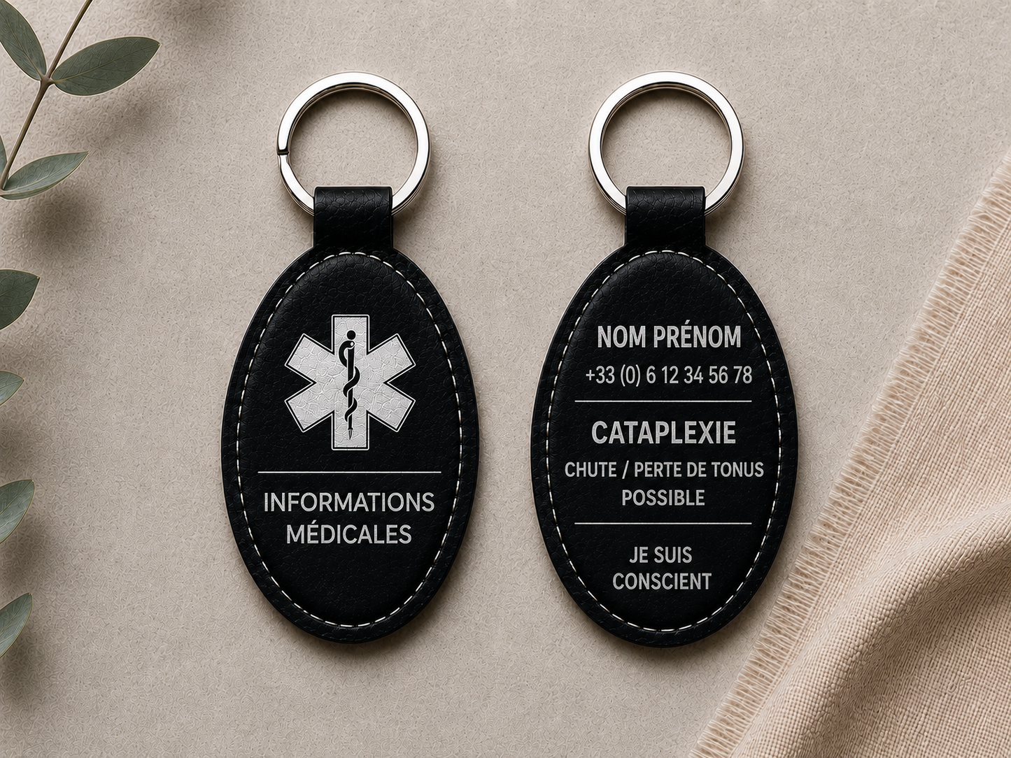 Porte clé personnalisé. Informations médicales