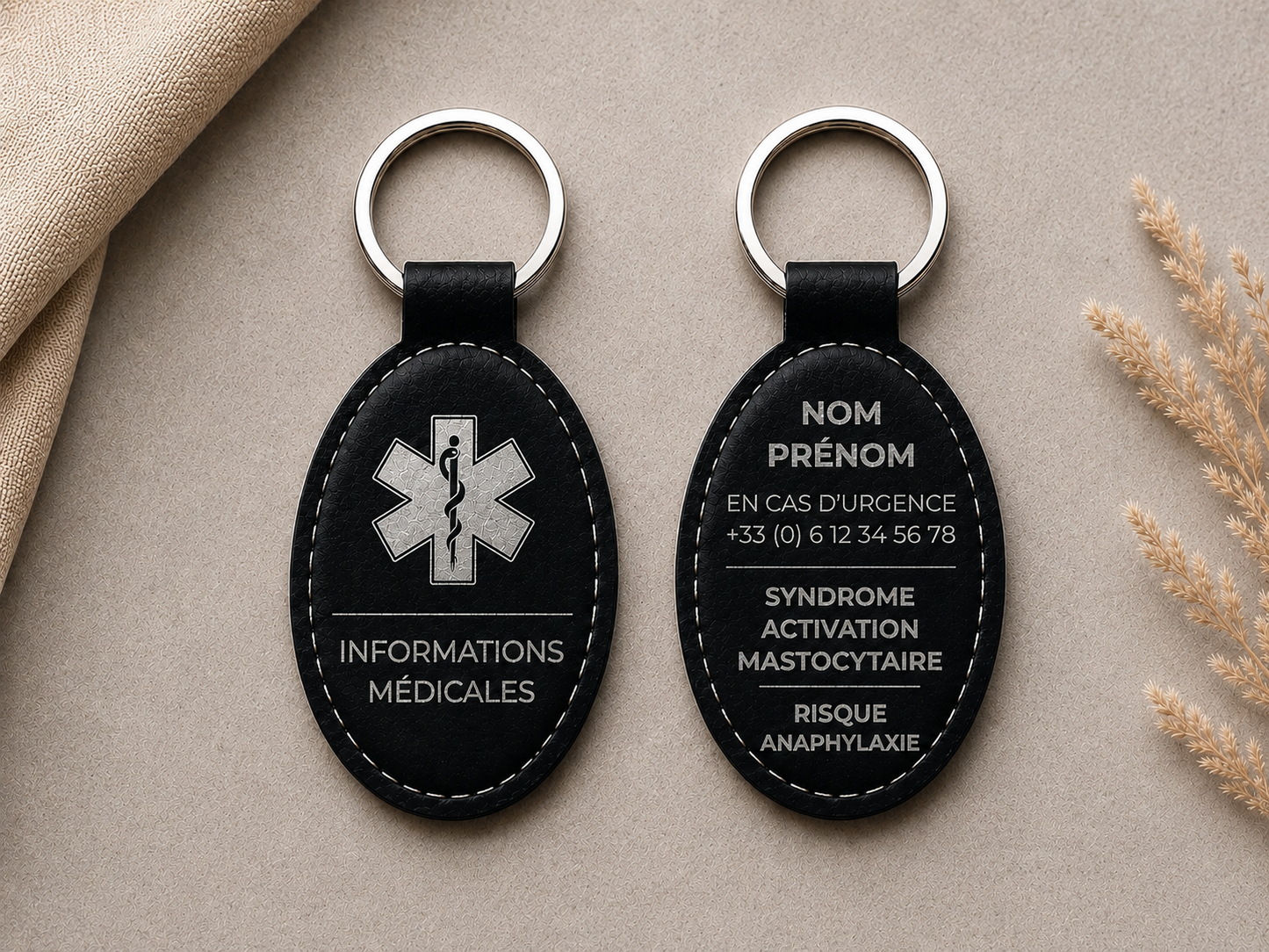 Porte clé personnalisé. Informations médicales