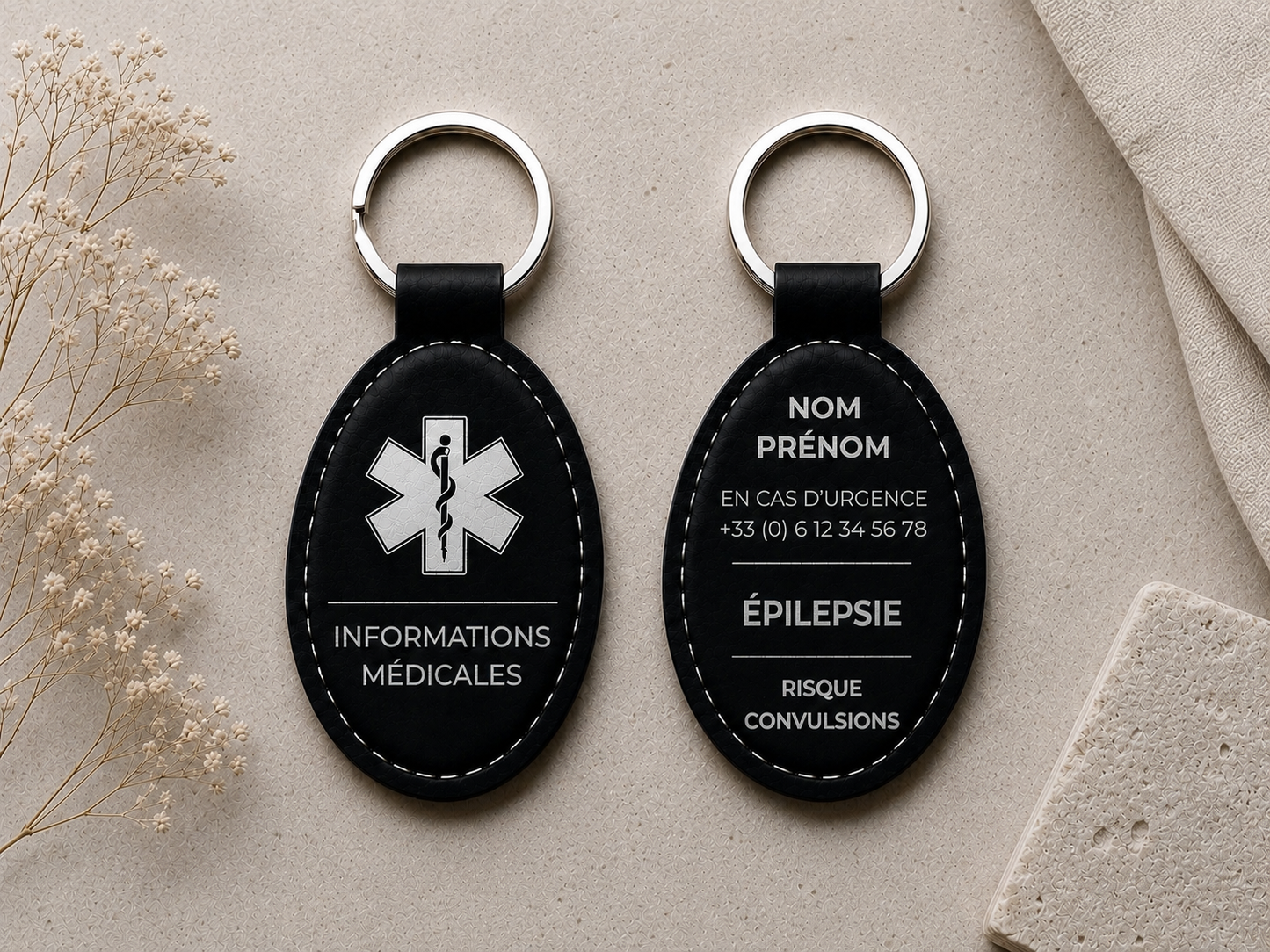 Porte clé personnalisé. Informations médicales
