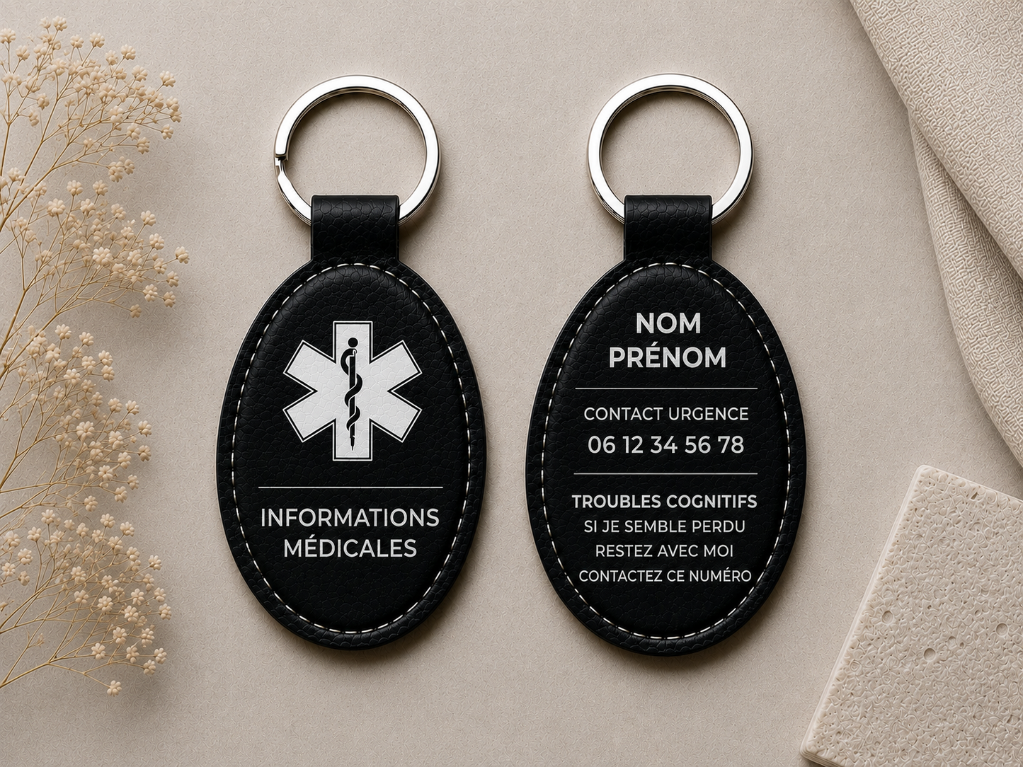 Porte clé personnalisé. Informations médicales
