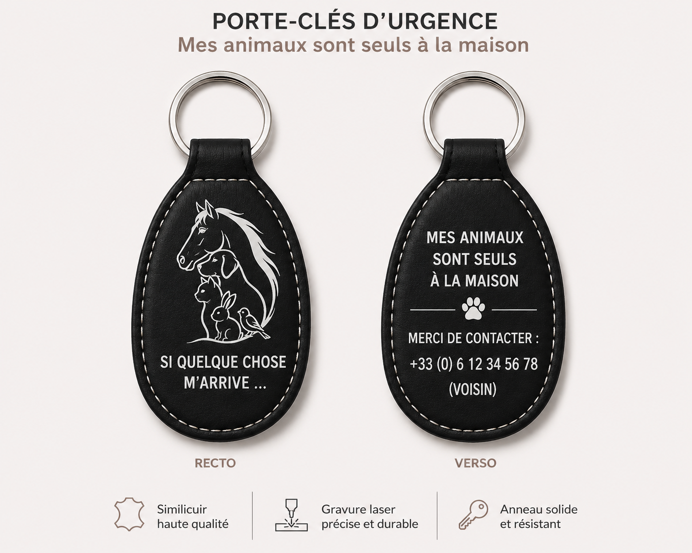 Porte clé d’urgence personnalisé. Mes animaux sont seuls à la maison.