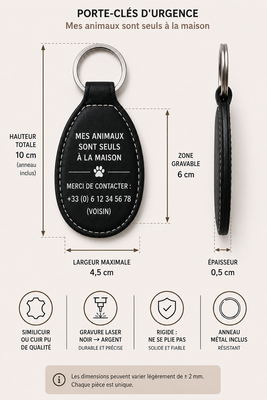 Porte clé d’urgence personnalisé. Mes animaux sont seuls à la maison.
