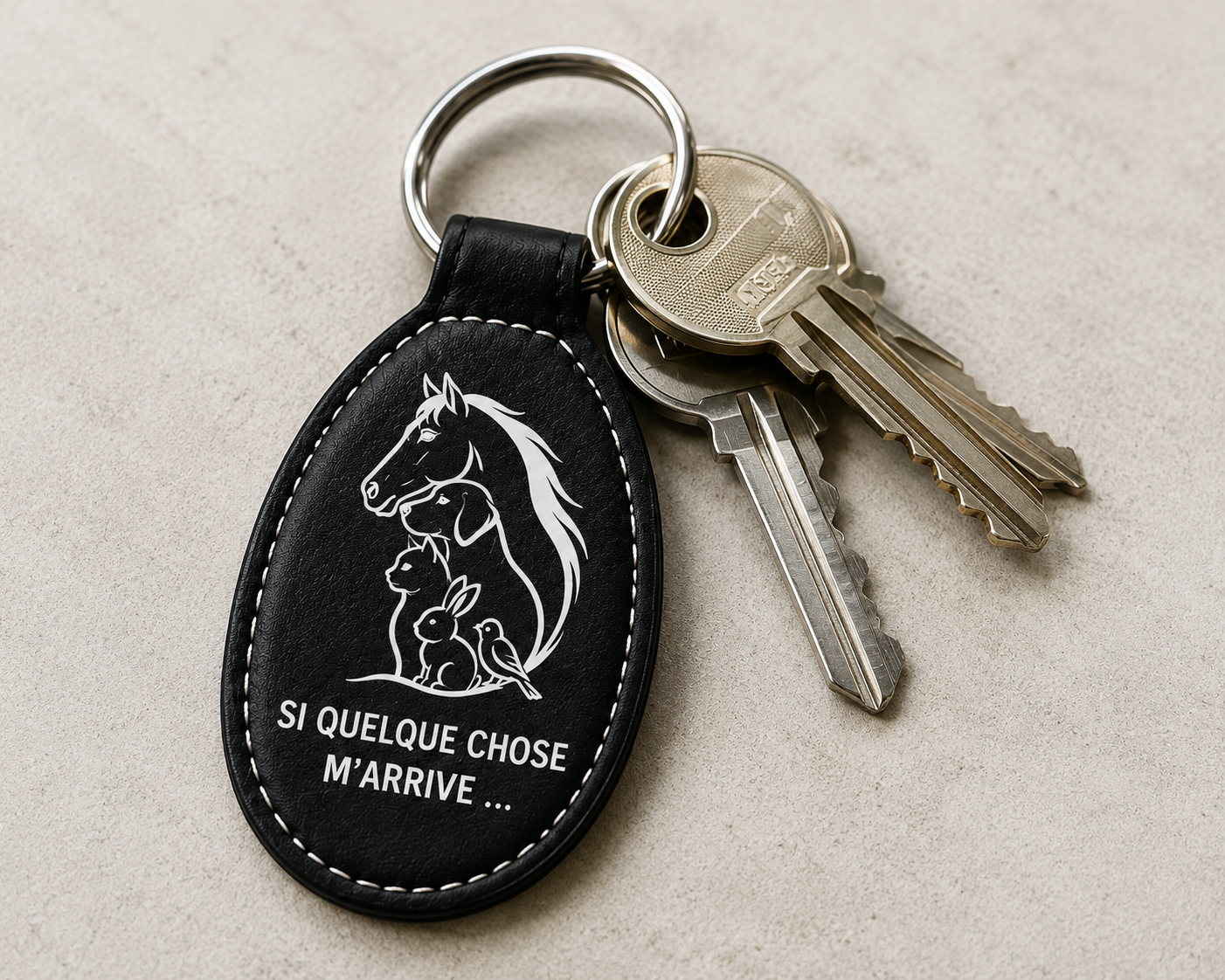 Porte clé d’urgence personnalisé. Mes animaux sont seuls à la maison.