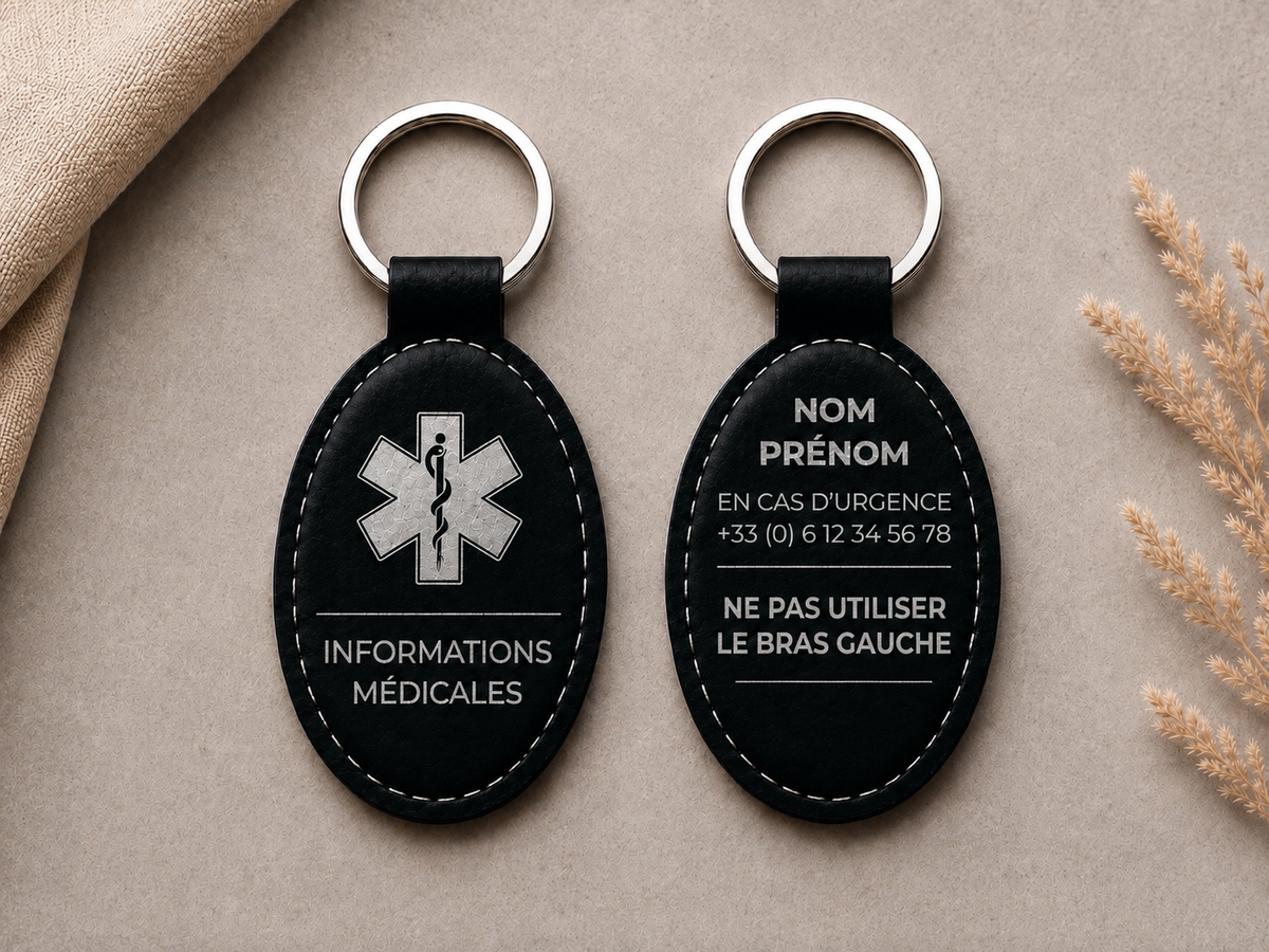 Porte clé informations médicales. Ne pas utiliser le bras. 